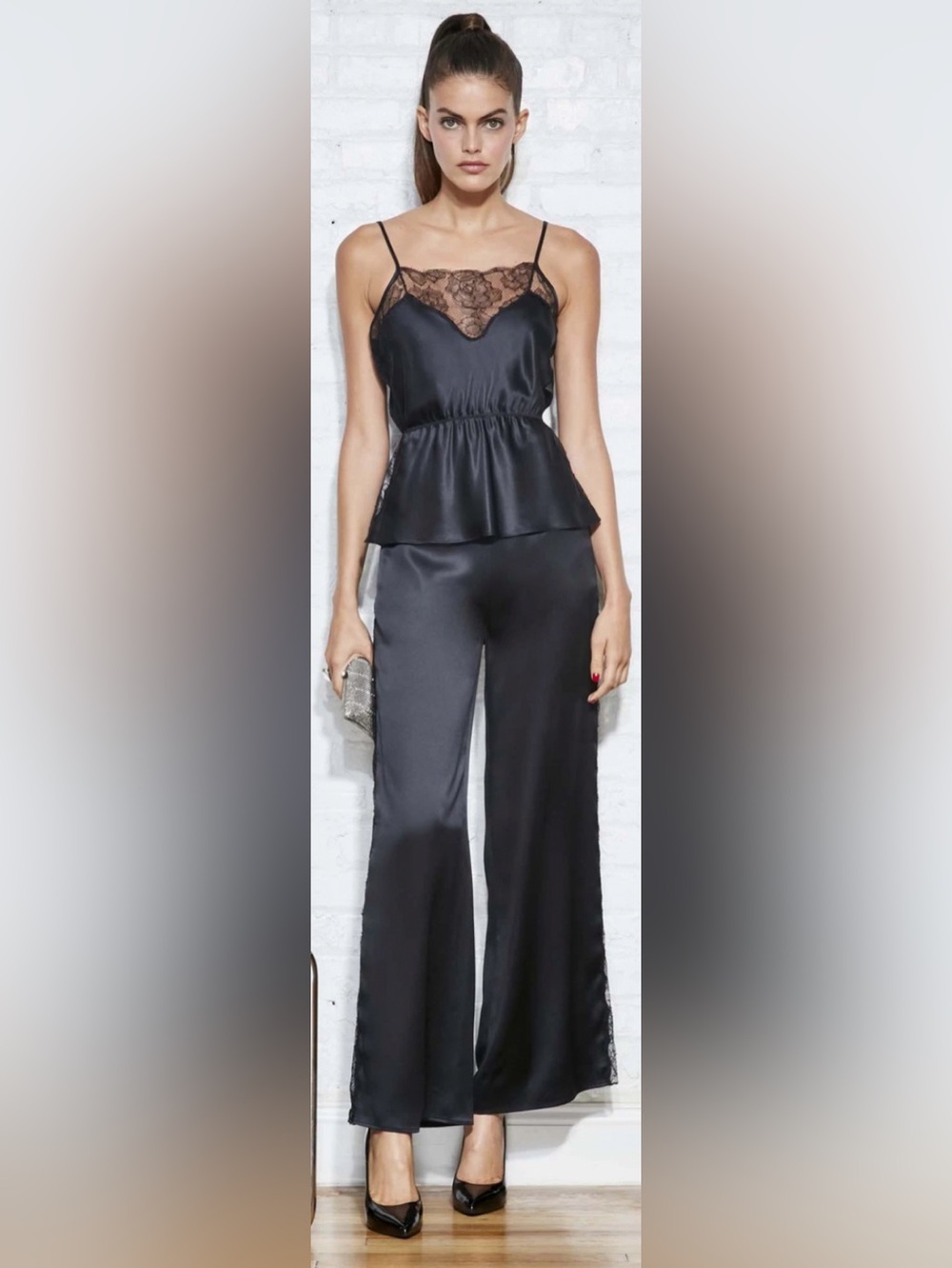 NWT Fleur Du Mal Rose Satin Lace Wide-Leg Pants Black
